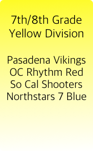 
7th/8th Grade
Yellow Division

Pasadena Vikings
OC Rhythm Red
So Cal Shooters
Northstars 7 Blue
