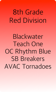 
8th Grade
Red Division

Blackwater
Teach One
OC Rhythm Blue
SB Breakers
AVAC Tornadoes
